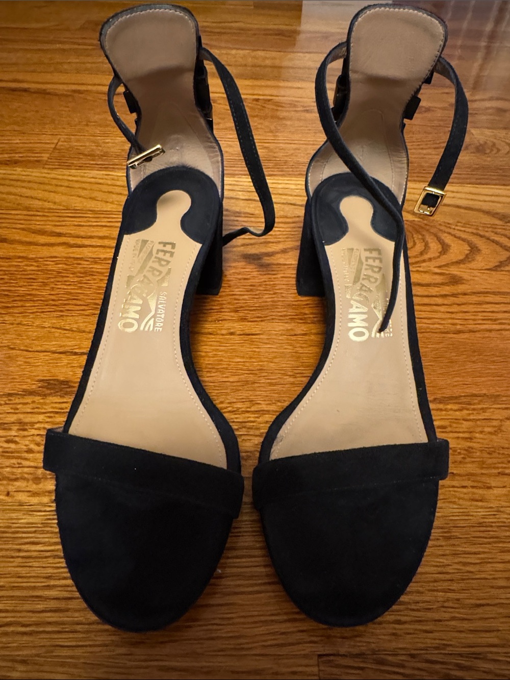 Salvatore Ferragamo Black Suede Ankle-Strap Block Heels